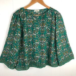Max Studio‎ Floral Print Green Blouse Boho Chic Romantic Top XS
